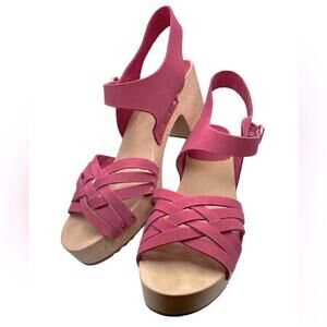 LOFT Pink Woven Leather Wooden Heel Clog Sandals